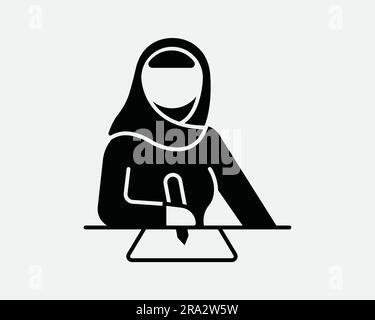 Icona studentessa musulmana. Islam Islamico conservatore Hijab Arabo Arabo Lady Girl Scrivi Impara. Religion Black White Symbol Sign Vector EPS Illustrazione Vettoriale