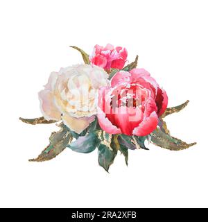 Bouqet di peonie rosa e bianche con potale dorato su sfondo bianco isolato disegno a mano ad acquerello. Bouquet perfetto per stampare il design Foto Stock