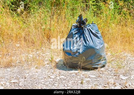 Discarica illegale - sacchetto di plastica spazzatura lasciato nella natura. Foto Stock