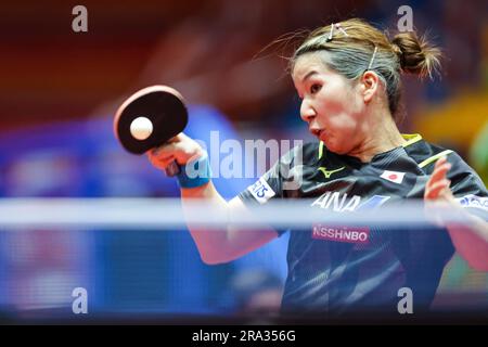 ZAGABRIA, 30 giugno 2023 (Xinhua) -- Mori Sakura del Giappone compete durante il singolare femminile 16 match contro la giapponese Hayata Hina al World Table Tennis (WTT) Contender Zagabria 2023 a Zagabria, Croazia, il 30 giugno 2023. (Luka Stanzl/PIXSELL via Xinhua) Foto Stock