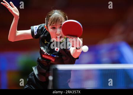 ZAGABRIA, 30 giugno 2023 (Xinhua) - Hayata Hina del Giappone compete durante il singolare femminile 16 match contro Mori Sakura del Giappone al World Table Tennis (WTT) Contender Zagabria 2023 a Zagabria, Croazia, il 30 giugno 2023. (Luka Stanzl/PIXSELL via Xinhua) Foto Stock