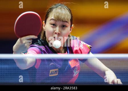 ZAGABRIA, 30 giugno 2023 (Xinhua) -- la cinese Liu Weishan compete nel singolare femminile 16 match contro Kihara Miyuu del Giappone al World Table Tennis (WTT) Contender Zagabria 2023 a Zagabria, Croazia, il 30 giugno 2023. (Luka Stanzl/PIXSELL via Xinhua) Foto Stock