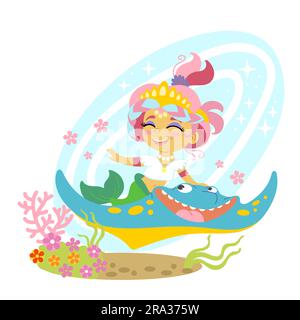 Una graziosa sirena dei cartoni animati su una crosta di mare. Illustrazione isolata del cartone animato vettoriale in stile piatto. Sfondo bianco. Per stampa, design, poster, adesivi, Illustrazione Vettoriale
