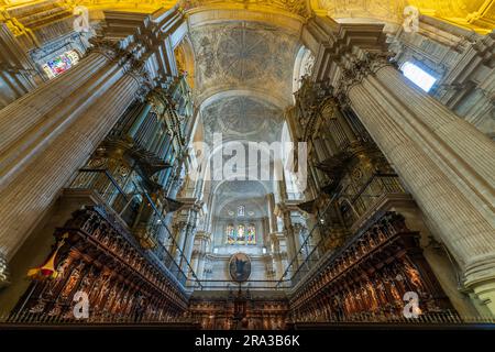 Foto grandangolare dell'interno della Cattedrale di Malaga, conosciuta anche come la Cattedrale dell'Incarnazione di Malaga. Un sito storico popolare per i turisti. Foto Stock