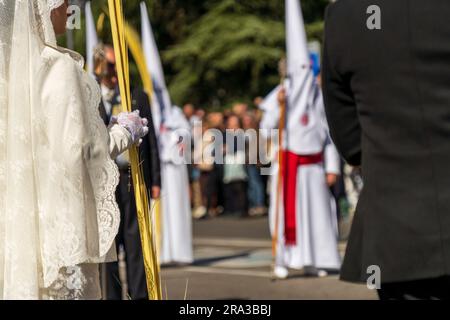 Processioni per la settimana Santa, Semana Santa, a Madrid, Spagna la domenica delle Palme. I partecipanti sono abituati a indossare abiti tradizionali spagnoli e foglie di palma. Foto Stock