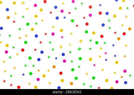 Coriandoli multicolori di stelle e cerchi su uno sfondo bianco isolato. rendering 3d. Foto Stock
