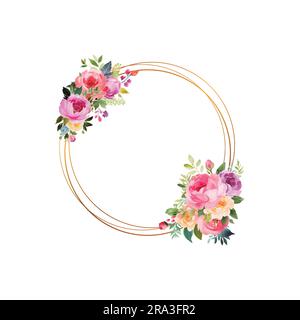 Scheda di design vettoriale elegante beige. Arte geometrica dorata. Rosa rosa, dahlia cremosa, ortensia, felce, astilbe, peonia rossa di borgogna, erba di pampas Illustrazione Vettoriale