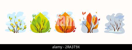 Bush di quattro stagioni. Cespuglio con fiori primaverili, fogliame verde d'estate, foglie autunnali brillanti e rami ricoperti di neve. Ottimo per l'istruzione Illustrazione Vettoriale