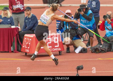 Losanna, Svizzera. 6 marzo 2023. Liveta JASI?NAIT? Della Lituania (donne Javelin) è in azione durante Athletisima Losanna - Diamomd League 2023. Athletisima Losanna - Diamomd League 2023 a Losanna 2023, si è svolto a Losanna, capitale olimpica il 30 giugno 2023. (Foto di: Eric Dubost/Sipa USA) credito: SIPA USA/Alamy Live News Foto Stock