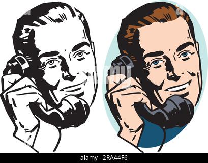 Un cartone animato retrò d'epoca di un uomo che parla in un telefono antico. Illustrazione Vettoriale