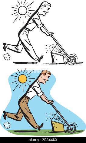 Un cartone animato retrò d'epoca in cui un uomo taglia l'erba con un rasaerba. Illustrazione Vettoriale