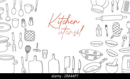Stendardo orizzontale per utensili da cucina. Stoviglie e posate. Utensili ed elettrodomestici da cucina, utensili da cucina. Illustrazione vettoriale. Illustrazione Vettoriale