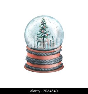 Palla di vetro da neve su un piedistallo con un albero di Natale e regali all'interno. Illustrazione acquerello, disegnata a mano. Oggetto isolato su sfondo bianco. Foto Stock