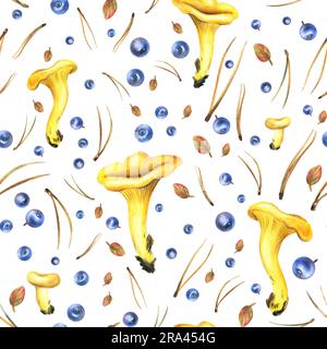 I funghi chanterelle commestibili della foresta sono gialli con mirtilli, foglie autunnali e aghi di pino. Illustrazione acquerello, disegnata a mano. Ripetizione senza cuciture Foto Stock