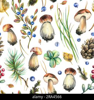 Funghi di bolo commestibili della foresta con mirtilli, lingonberries, ramoscelli, coni, erba e foglie autunnali. Illustrazione acquerello, disegnata a mano. Senza interruzioni Foto Stock