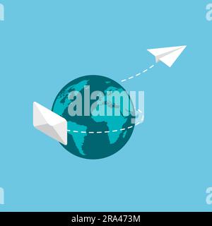 E-mail marketing e messaggistica. Concetto di invio di posta con piano di carta. Busta volante. Illustrazione vettoriale isolata in stile piatto alla moda. Illustrazione Vettoriale