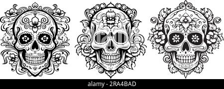 teschio con fiori arte vettoriale ispirata a lo dia de los muertos Illustrazione Vettoriale