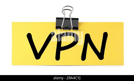 Nota cartacea con acronimo VPN (Virtual Private Network) isolato su bianco Foto Stock