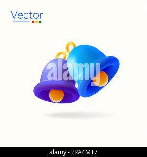 campanelli di notifica 3d in blu e viola, stile minimalista, isolati su sfondo bianco. Concetto di design per sociale, decorazione, natale, regalo, celebrazione. illustrazione vettoriale 3d. Illustrazione vettoriale Illustrazione Vettoriale