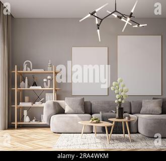 Mockup poster nell'accogliente soggiorno con divano grigio Foto Stock