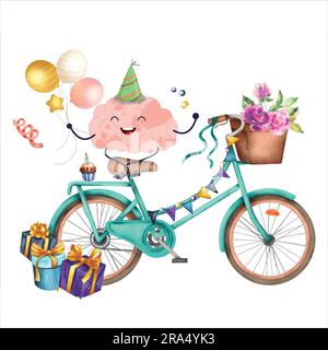 Happy Brain con torta e palloncini, emoji cerebrali a tema compleanno, emoji cerebrale che celebra il vettore dell'acquerello Illustrazione Vettoriale