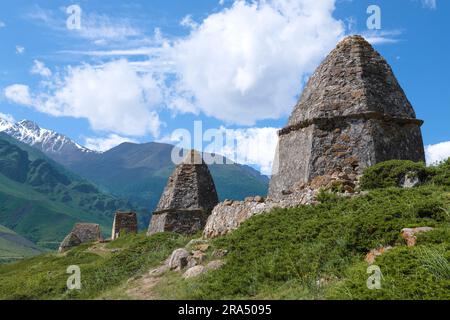 Antiche cripte nelle vicinanze del villaggio di montagna di El-Tubyu. Kabardino-Balkaria, Federazione Russa Foto Stock