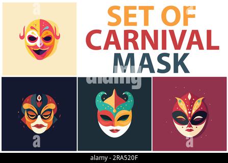 Una serie di illustrazioni vettoriali mascotte piatte con maschera Carnevale Illustrazione Vettoriale