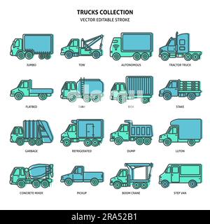 Icone carrello impostate in stile linea sottile. Collezione di simboli dell'industria dei trasporti isolati su bianco. Diversi tipi di veicoli per il trasporto di merci. Illustrazione Vettoriale