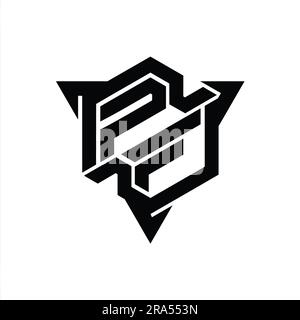 PF Letter Logo monogramma forma esagonale con triangolo delineano il modello di design in stile gaming Foto Stock