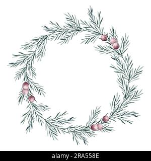 Corona d'acquerello di ramoscelli di rosmarino con foglie e bacche rosse. Taxus baccata. Olio essenziale di ginepro. Ramo delle erbe da cucina e cornice delle spezie. La mano Foto Stock