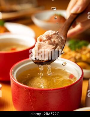 Zuppa di pollo hakka, cucina cinese cantonese alla doppia bollitura Foto Stock