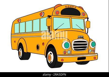 Cartone animato Yellow School Bus in stile retrò. Ritorno a scuola, vista a tre quarti. Auto americana classica per il trasporto educativo dei bambini Illustrazione Vettoriale