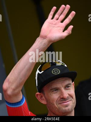 Bilbao, Spagna. 1 luglio 2023. Il norvegese Alexander Kristoff di uno-X Pro Cycling Team riders nella foto all'inizio della prima tappa del Tour de France, una gara di 182 km da Bilbao a Bilbao, Spagna, sabato 01 luglio 2023. Il Tour de France di quest'anno si svolge dal 1° al 23 luglio 2023. BELGA PHOTO JASPER JACOBS Credit: Belga News Agency/Alamy Live News Foto Stock