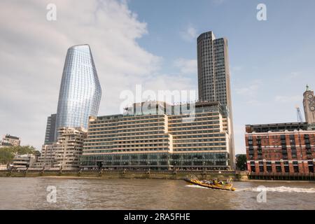 Sea Containers House, One Blackfriars e South Bank Tower accanto al Gabriel's Wharf, Upper Ground, Southbank, Lambeth, Londra, SE1, REGNO UNITO Foto Stock