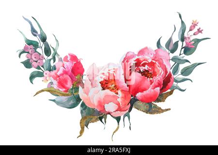 Fiori rosa peonie acquerello e foglie di eucalipto, clip floreale art. Bouquet perfetto per stampare disegni su inviti, biglietti, opere d'arte da parete e. Foto Stock