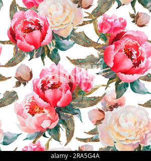Motivo floreale ad acquerello senza cuciture con foglie verdi, fiori di peonie rosa, rami di foglie. Inviti di nozze, sfondi, sfondi, moda Foto Stock