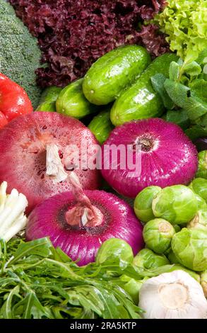 Un close-up su vegetali, cipolle, cetrioli, cavoli di Bruxelles, aglio, rucola, menta, broccoli Foto Stock