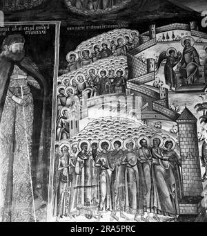 Contea di Valcea, Romania, circa 1980. Affresco al Monastero di Horezu, un monumento storico del XVII secolo e iscritto dall'UNESCO nella sua lista dei siti Patrimonio dell'Umanità. Foto Stock