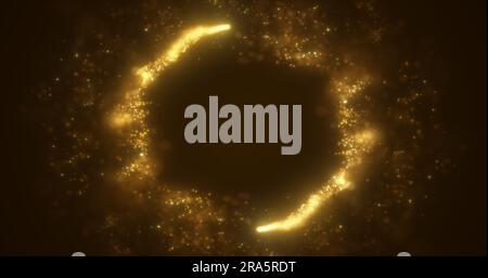 Linee di energia astratte in oro giallo e cerchi ciclici con bokeh magico da particelle, sfondo astratto. Foto Stock
