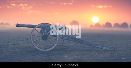 Civil Ware era Gun Carriage (Cannon) su Un campo all'alba Foto Stock