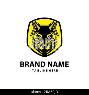 logo con tecnologia a emblema wolf head Illustrazione Vettoriale