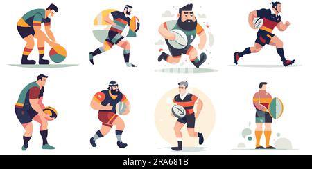 Un set di illustrazioni piatte di Rugby Player e Rugby Game Vector Illustrazione Vettoriale