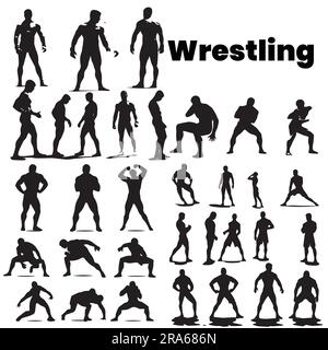 Una serie di illustrazioni vettoriali di silhouette Wrestling Illustrazione Vettoriale