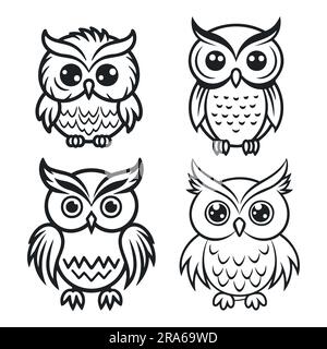 set di design del contorno del gufo del cartone animato con linee modificabili su sfondo bianco - vettore. Illustrazione Vettoriale