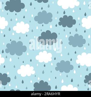 Motivo senza cuciture con nuvole e gocce di pioggia. Sfondo carino per i bambini. Illustrazione vettoriale. Illustrazione Vettoriale