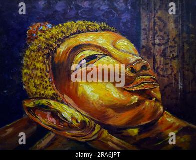 Pittura d'arte statua del Buddha a colori ad olio al Tempio di Wat Pho Foto Stock