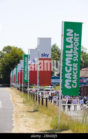 Bandiere che pubblicizzano Sky Bet e Macmillan Cancer Support come sponsor del 52° MacMillan Charity Raceday a York Races. Foto Stock