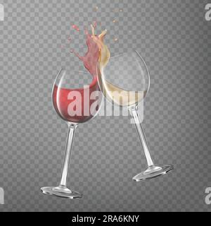 Bicchiere di vino. Bevanda trasparente rossa e bianca, spruzzo di rose, liquido versato, due calici wineglass realistici, bevanda alcolica a base di uva, collezione di vini. Illustrazione Vettoriale
