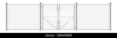 Recinzione e cancello chiuso. Barriera metallica. Rete metallica. Rete di acciaio. Barra di ferro 3D. Muro di sicurezza con porta. Ringhiera militare. Balaustra in acciaio inox. Prigione Illustrazione Vettoriale
