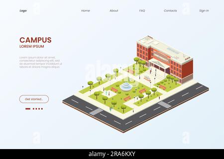 Campus universitario isometrico. Pagina di destinazione. Istruzione degli studenti. Cortile della scuola. Studio universitario. Costruzione e asfalto. Corso online digitale infogra Illustrazione Vettoriale